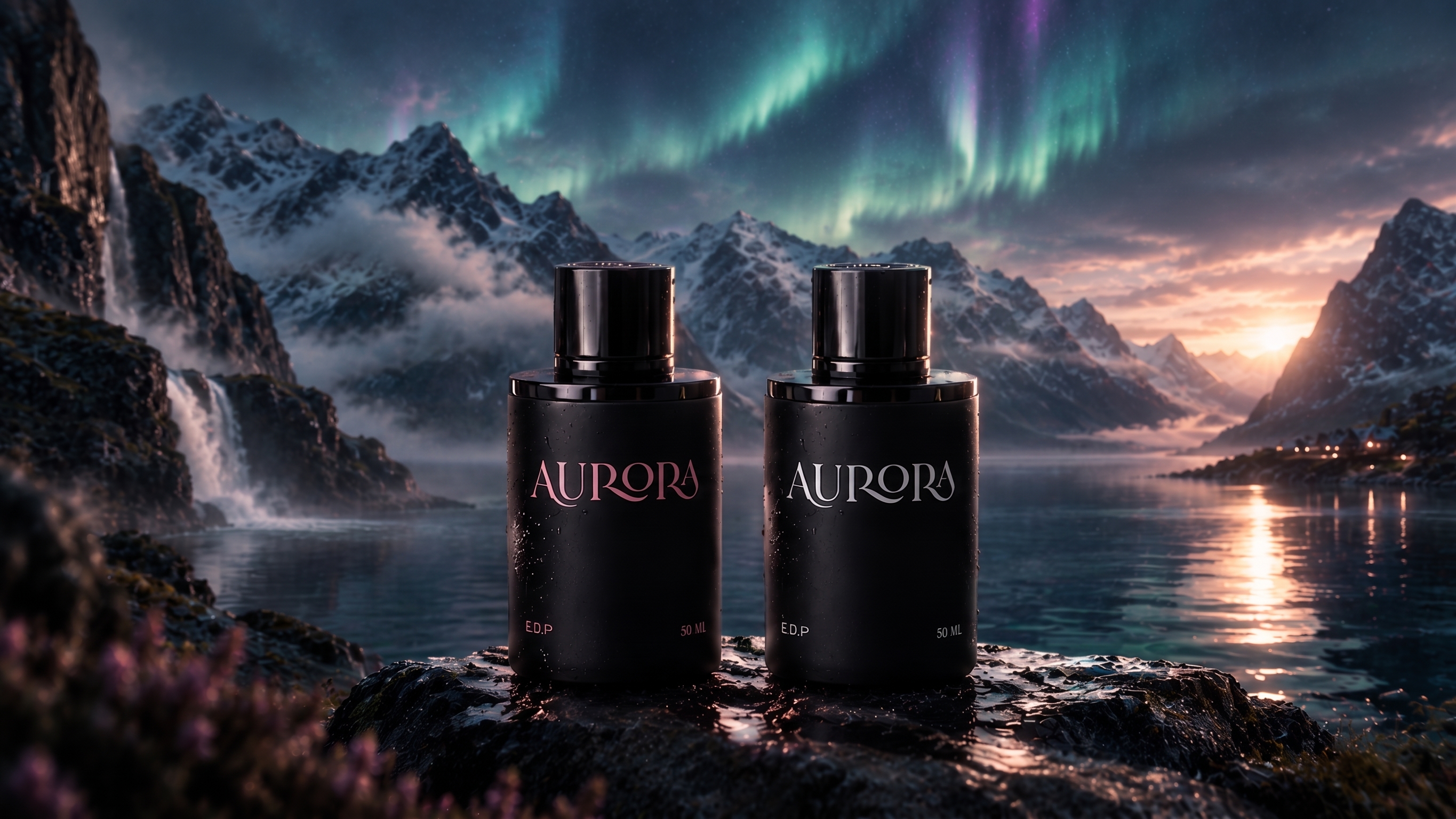 Aurora — two Eau de Parfum bottles beneath the northern lights